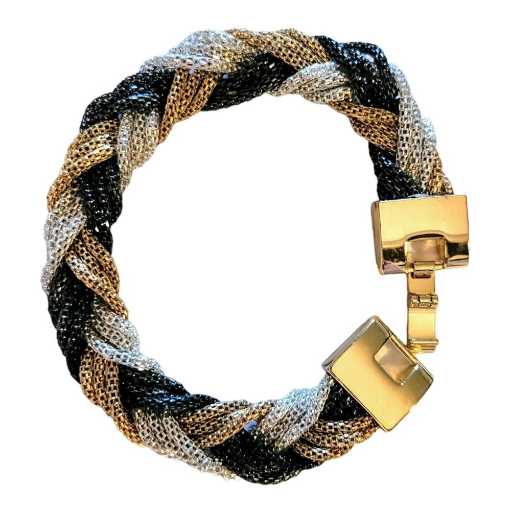 Women's Tri-Color Braided Bracelet Seed Beads 7" Gold Tone Clasp MA-10 03